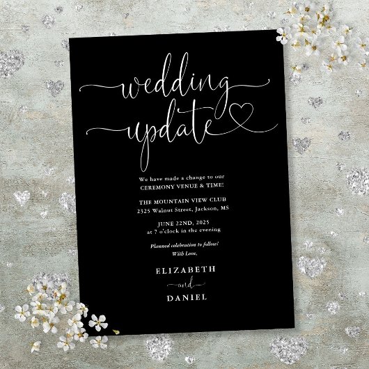 Black and White Heart Script Wedding Update Kaart