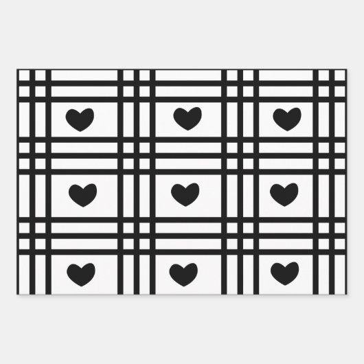 Black and White Hearts Cute Valentijnsdag Pattern Inpakpapier Vel (Voorkant)