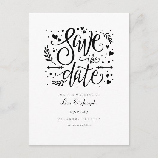 Black and White Hearts Script Save the Date Aankondigingskaart (Voorkant)