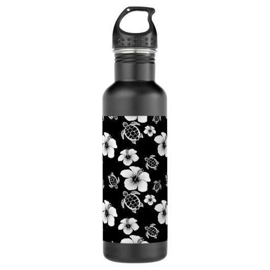 Black and White Hibiscus Honu Hawaiian Pattern Waterfles (Voorkant)