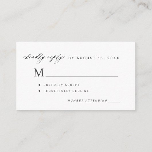 Black and white kindly reply monogram wedding RSVP Informatiekaartje (Achterkant)