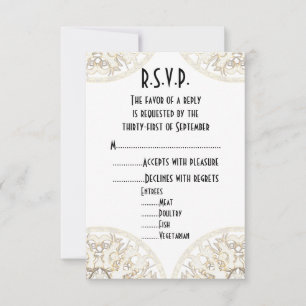 Black and white lace filigree bruiloft R.S.V.P. RSVP Kaartje