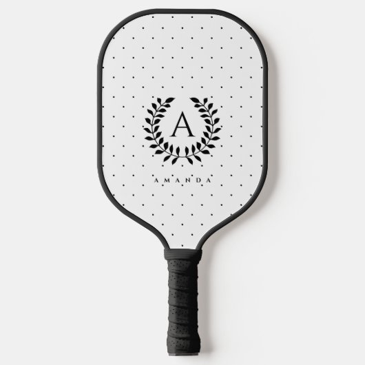 Black And White Laurel Monogram Polka Dot Pattern Pickleball Paddle (Voorkant)