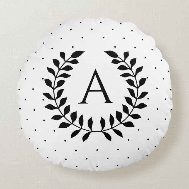 Black And White Laurel Monogram Polka Dot Pattern Rond Kussen (Voorkant)