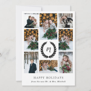 Black and White Laurel WreatPhoto Grid Kerstmis Feestdagenkaart