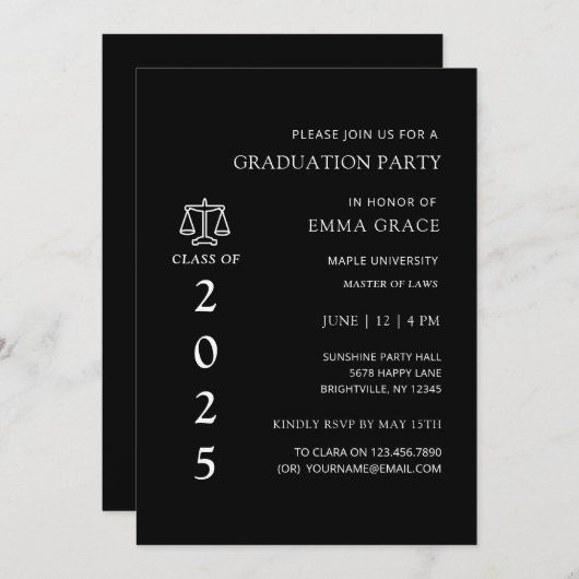 Black and White Law School Afstudeerfeest Kaart (Voorkant / Achterkant)