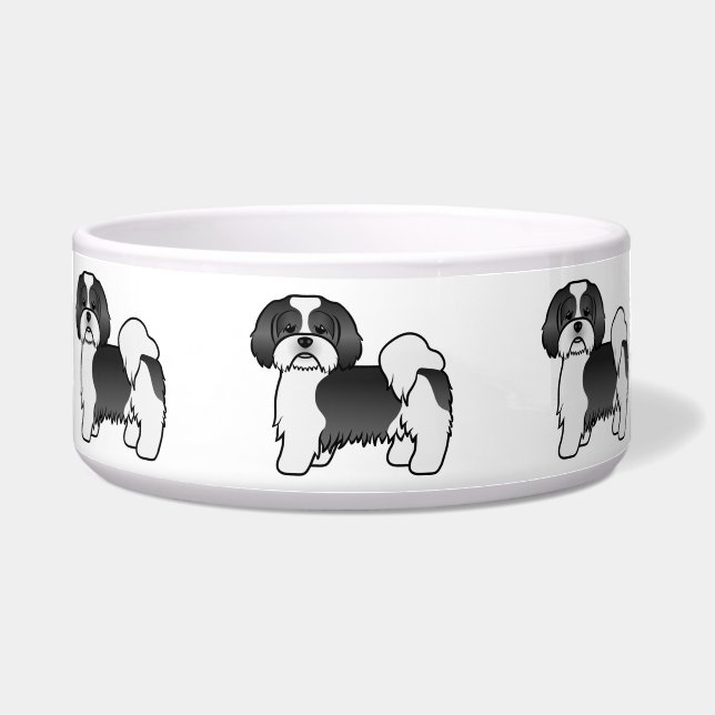 Black and White Lhasa Apso Cute Dog Voerbakje (Voorkant)