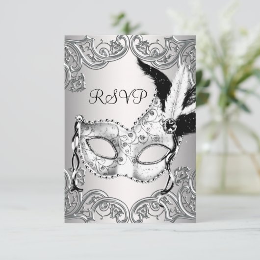 Black and White Masquerade Party (RSVP) RSVP Kaartje (Staand voorkant)