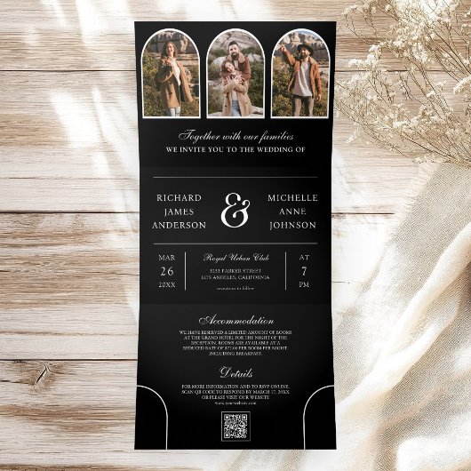 Black and White Minimal Arch Photo QR code Wedding Drieluik Uitnodiging
