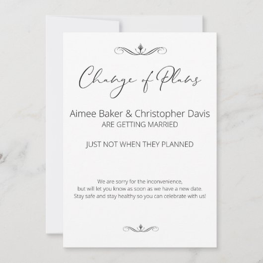 Black and White Minimalist Weddenschap Postponed Kaart (Voorkant)