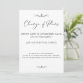 Black and White Minimalist Weddenschap Postponed Kaart (Staand voorkant)