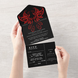 Black and White Modern Elegance Wedding RED All In One Uitnodiging