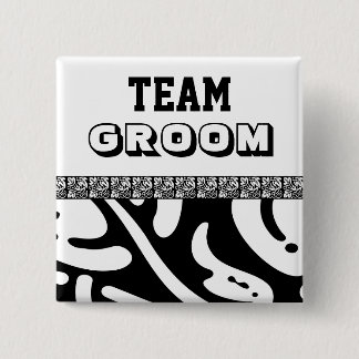 Black and White modern floral Team Groom MANNEN v2 Vierkante Button 5,1 Cm