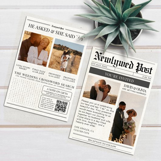 Black and White Modern Newspaper Wedding Kaart