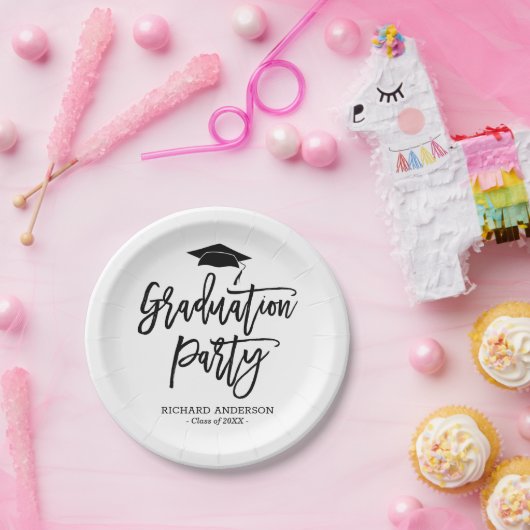 Black and White Modern Script Graduation Party Papieren Bordje (Feest)
