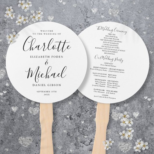 Black and White Modern Script Wedding Programme Handwaaier