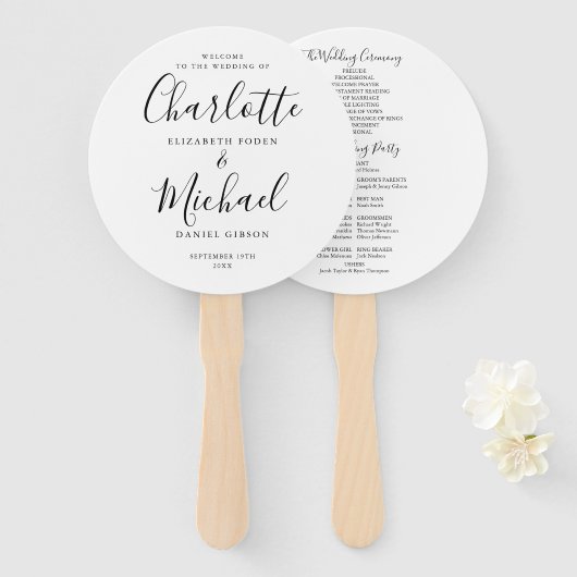 Black and White Modern Script Wedding Programme Handwaaier (Voorkant en achterkant)
