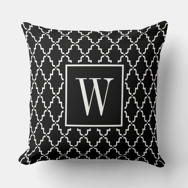 Black and White Monogram Moroccan Quatrefoil Kussen (Voorkant)