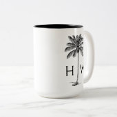 Black and White Palm Palmetto Tree Monogram Tweekleurige Koffiemok (Voorkant rechts)