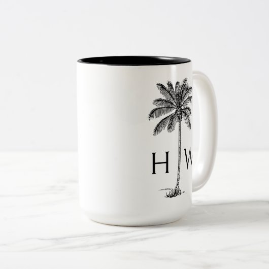 Black and White Palm Palmetto Tree Monogram Tweekleurige Koffiemok (Voorkant rechts)