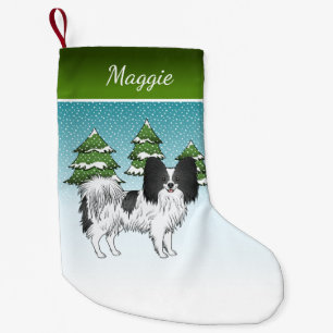 Black and White Papillon Cute Dog in Winter Forest Kleine Kerstsok