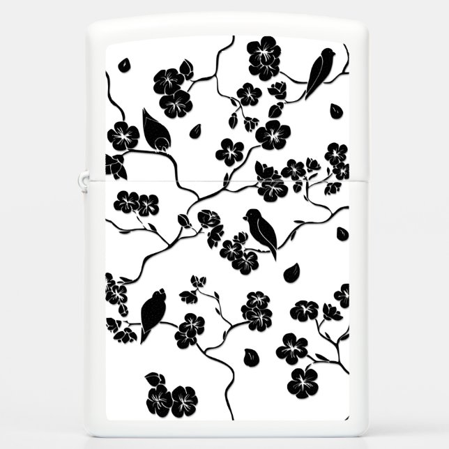 Black and White Pattern Birds on Cherry Blossoms (Voorkant)
