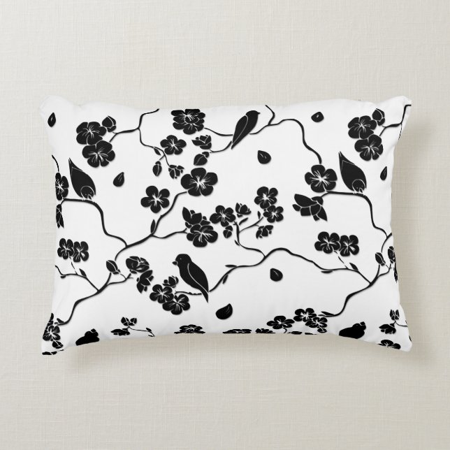 Black and White Pattern Birds on Cherry Blossoms Accent Kussen (Voorkant)