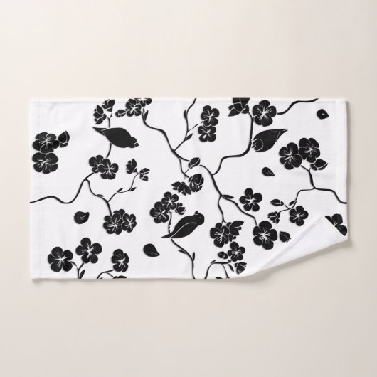 Black and White Pattern Birds on Cherry Blossoms Bad Handdoek (Handdoek)