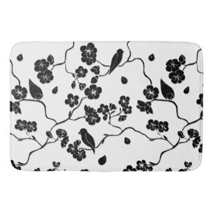 Black and White Pattern Birds on Cherry Blossoms Badmat