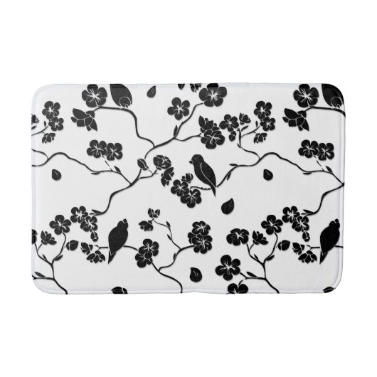 Black and White Pattern Birds on Cherry Blossoms Badmat (Voorkant)
