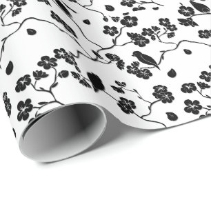 Black and White Pattern Birds on Cherry Blossoms Cadeaupapier