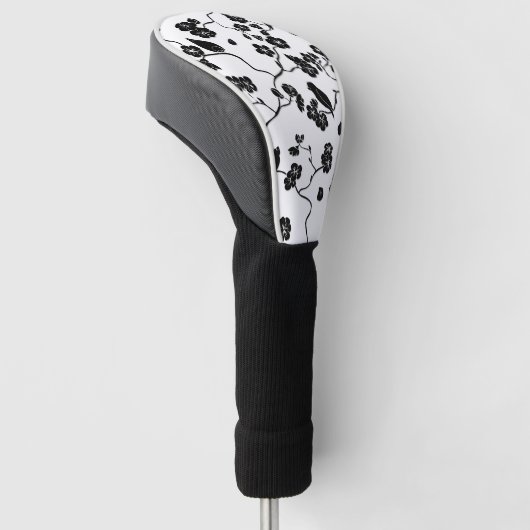 Black and White Pattern Birds on Cherry Blossoms Golfheadcover (Schuin)