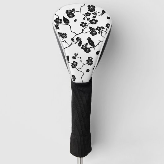 Black and White Pattern Birds on Cherry Blossoms Golfheadcover (Voorkant)