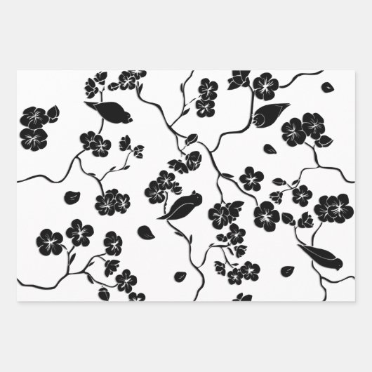 Black and White Pattern Birds on Cherry Blossoms Inpakpapier Vel (Voorkant 2)