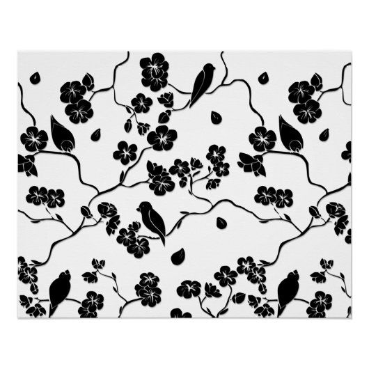Black and White Pattern Birds on Cherry Blossoms Perfect Poster (Voorkant)