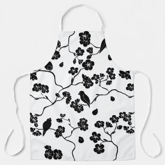 Black and White Pattern Birds on Cherry Blossoms Schort (Voorkant)