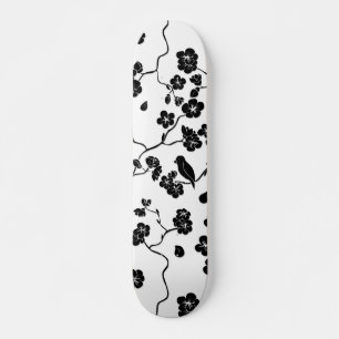 Black and White Pattern Birds on Cherry Blossoms Skateboard