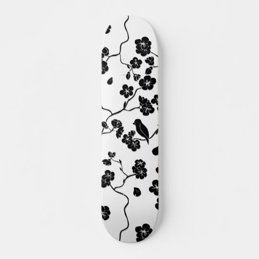 Black and White Pattern Birds on Cherry Blossoms Skateboard (Voorkant)