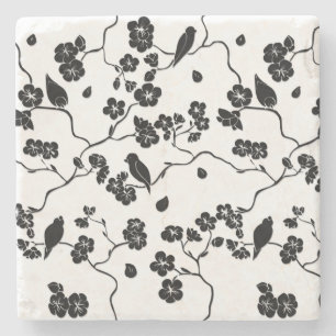 Black and White Pattern Birds on Cherry Blossoms Stenen Onderzetter