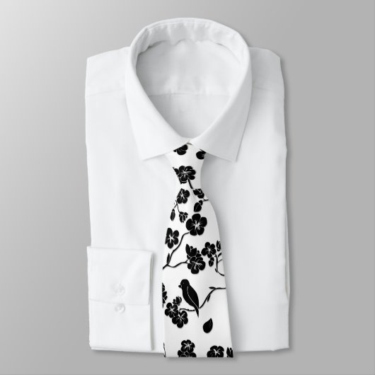 Black and White Pattern Birds on Cherry Blossoms Stropdas (Gebonden)