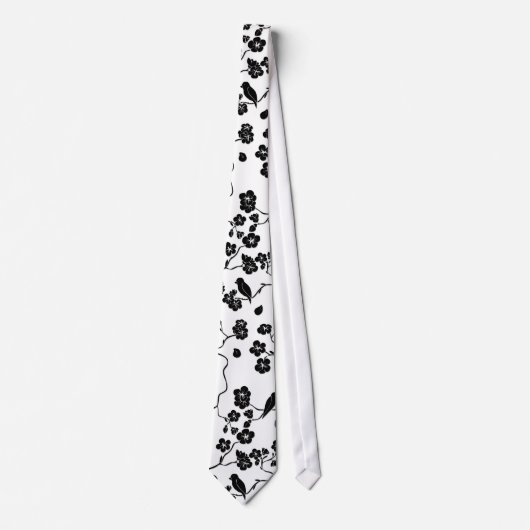 Black and White Pattern Birds on Cherry Blossoms Stropdas (Voorkant)