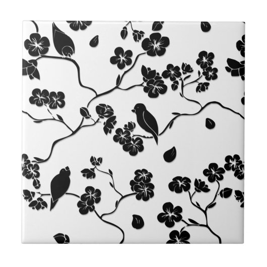 Black and White Pattern Birds on Cherry Blossoms Tegeltje (Voorkant)