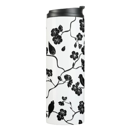 Black and White Pattern Birds on Cherry Blossoms Thermosbeker (Gedraaid links)