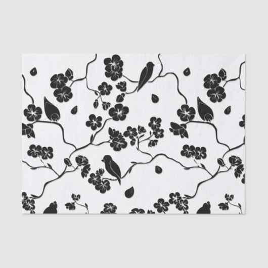 Black and White Pattern Birds on Cherry Blossoms Tissuepapier (Voorkant)