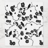 Black and White Pattern Birds on Cherry Blossoms Wijn Etiket (Enkel label)