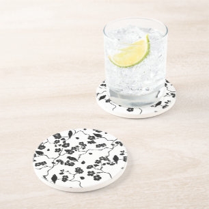Black and White Pattern Birds on Cherry Blossoms Zandsteen Onderzetter