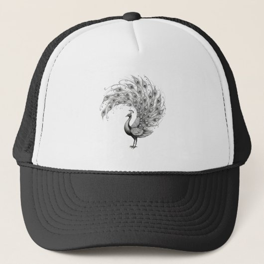 Black and White Peacock Hat Trucker Pet (Voorkant)