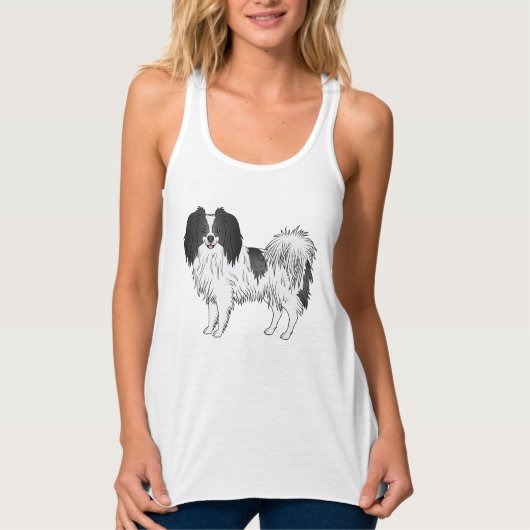 Black and White Phalène Standing Dog Illustration Tanktop (Voorkant)