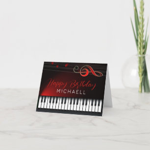 Black and White Piano Red Clef Birthday Kaart