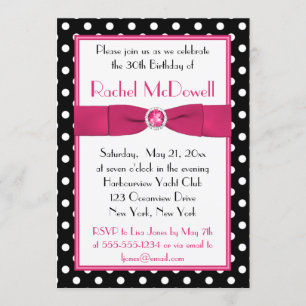 Black and White Polka Dot 30th Birthday Invitation Kaart